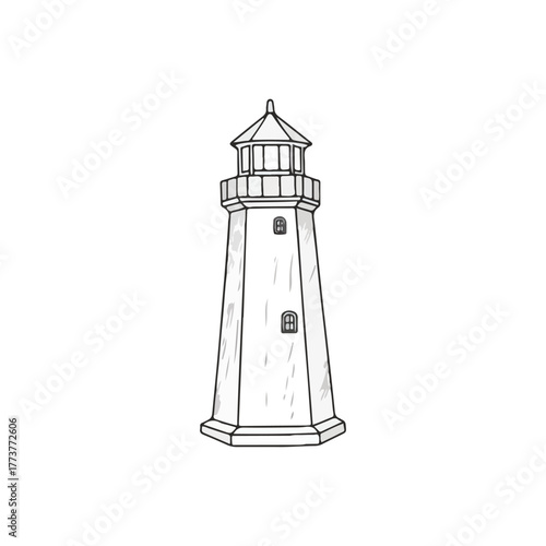 Detailed line drawing of a tall lighthouse, showing architectural structure and windows.