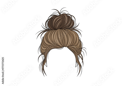 Messy bun hairstyle depiction medium brown with light streaks wispy strands