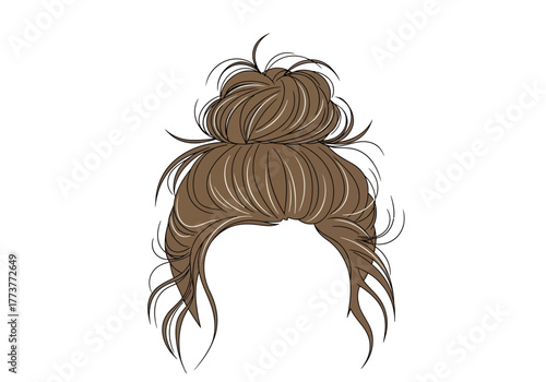 Messy bun hairstyle with stray strands brown coloring and simple lines