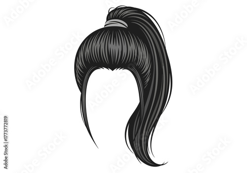 Vector hair black ponytail with fringe hair tie detail graphic stylized aesthetic