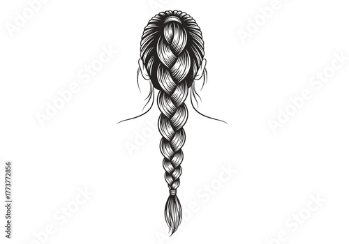 Womans back view with a long detailed braid in black and white