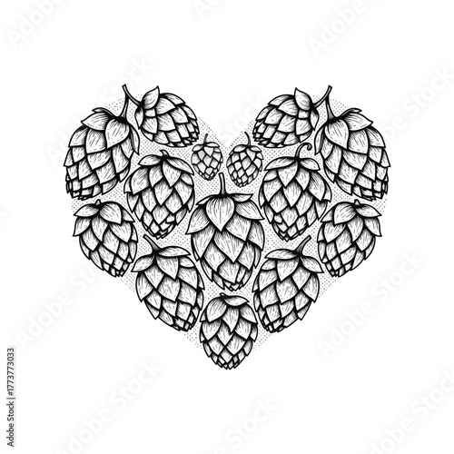 A heart shape formed by numerous detailed illustrations of hop cones, rendered in a black and white sketch style.
