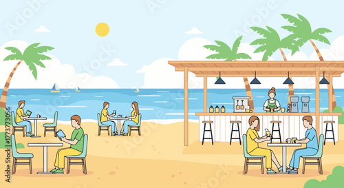 Beachside Cafe Scene with People Enjoying Drinks and Reading Books