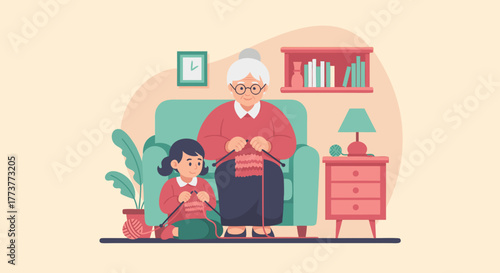 Grandmother and Granddaughter Knitting Together in Cozy Home Setting