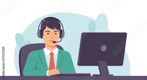 Friendly Customer Service Representative with Headset and Computer Ready to Assist