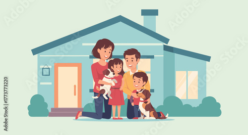 Happy Family Posing with Two Dogs in Front of Their Home