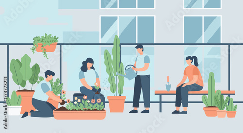 Group of People Gardening Together on a Rooftop Balcony with Plants