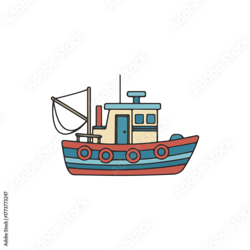 Illustration of a colorful fishing boat with blue and red stripes, a cabin, and fishing gear against a white background.