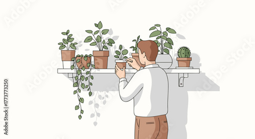 Man tending potted plants on shelf with cactus and trailing greenery