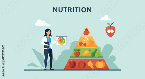 Nutritionist Presenting Food Pyramid with Fruits and Vegetables for Healthy Eating