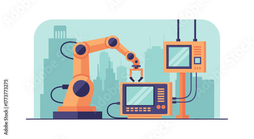 Robotic Arm and Control Panels Depicting Modern Industrial Automation