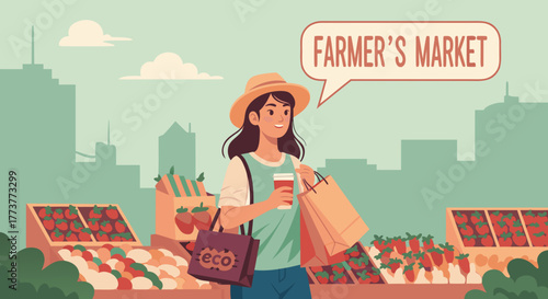 Smiling Woman Shopping at Farmers Market with EcoFriendly Bags and Coffee
