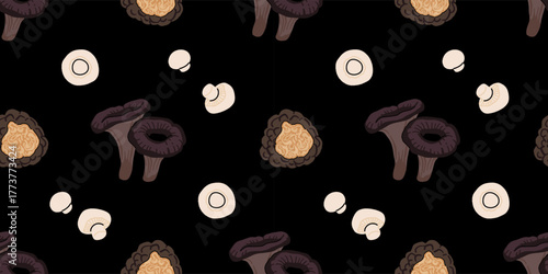 Seamless mushroom pattern, flat vector illustration with edible, wild, and medicinal mushrooms including morel, porcini, truffle, reishi, oyster, shiitake, puffball, and chanterelle