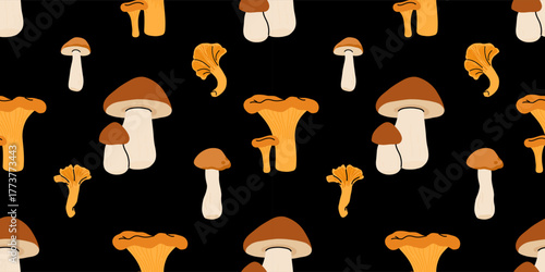 Seamless mushroom pattern, flat vector illustration with edible, wild, and medicinal mushrooms including morel, porcini, truffle, reishi, oyster, shiitake, puffball, and chanterelle