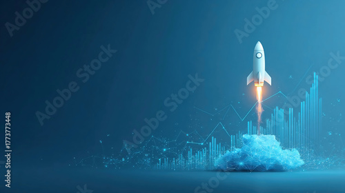 Abstract growth graph chart with launch rocket on technology blue background. Startup and success business concept.