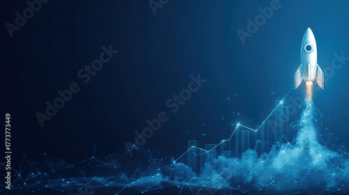Abstract growth graph chart with launch rocket on technology blue background. Startup and success business concept.