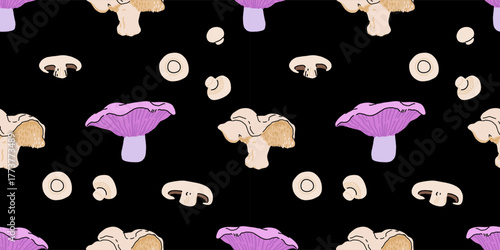Seamless mushroom pattern, flat vector illustration with edible, wild, and medicinal mushrooms including morel, porcini, truffle, reishi, oyster, shiitake, puffball, and chanterelle