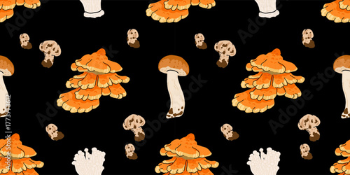 Seamless mushroom pattern, flat vector illustration with edible, wild, and medicinal mushrooms including morel, porcini, truffle, reishi, oyster, shiitake, puffball, and chanterelle