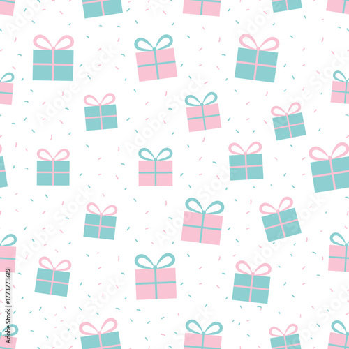 Seamless pattern different New Year, birthday gifts. Stars, dots. Wrapping paper pattern, bows and ribbons. Hand drawn Doodle New Year or Birthday gift boxes. Vector illustration. 