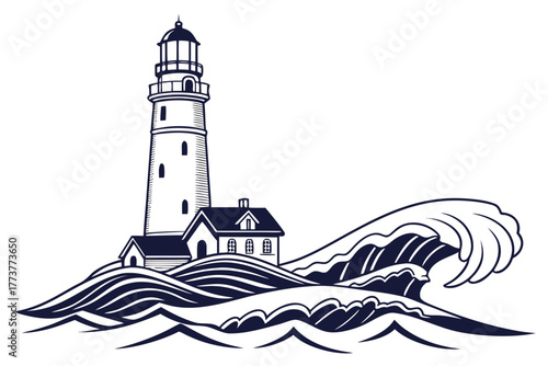 Lighthouse with sea waves — nautical themed line art, clean composition