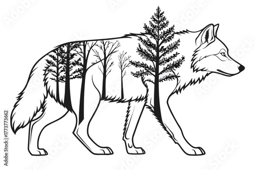 Wolf merged with forest trees — double exposure minimal line art, black and white style