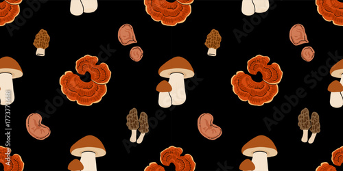 Seamless mushroom pattern, flat vector illustration with edible, wild, and medicinal mushrooms including morel, porcini, truffle, reishi, oyster, shiitake, puffball, and chanterelle