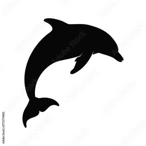Black silhouette of a dolphin jumping out of the water on white, dolphin doing backflip silhouette vector illustration