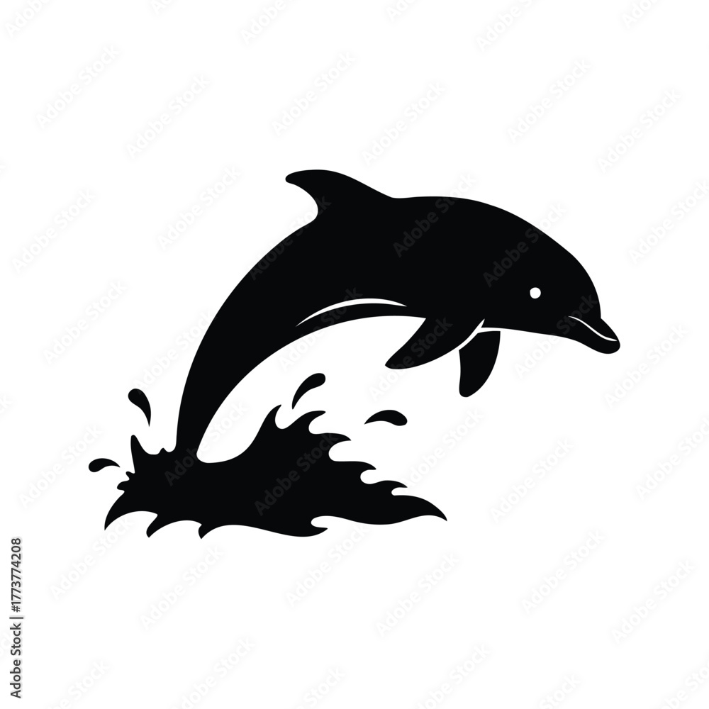 Fototapeta premium Silhouette of a dolphin jumping out of water with splashing effect, dolphin splashing water silhouette vector illustration