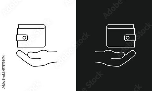 Minimalist Hand Holding Wallet Line Art Icon, Simple Symbol for Payment, Personal Finance, and Savings, Modern Vector Graphic for Banking, E-commerce, and Budgeting, Black and White Versions.