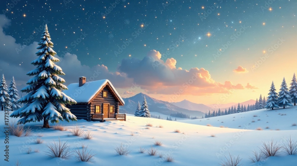 Fototapeta premium Serene Winter Cabin Retreat at Sunset with Snowy Pines and Starry Sky