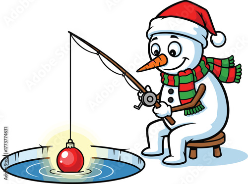 Cute snowman ice fishing for Christmas ornament, winter holiday illustration, funny festive cartoon, joyful seasonal art for greeting cards