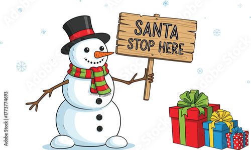 Cute snowman holding wooden sign saying Santa stop here, festive Christmas illustration with colorful gifts, winter holiday decoration background