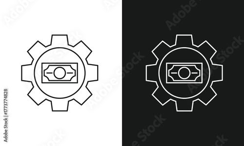 Minimalist Financial Management Line Art Icon, Banknote in a Gear Symbol, Modern Vector Graphic for Economic Systems, Fintech, and Business Operations, Black and White Versions.