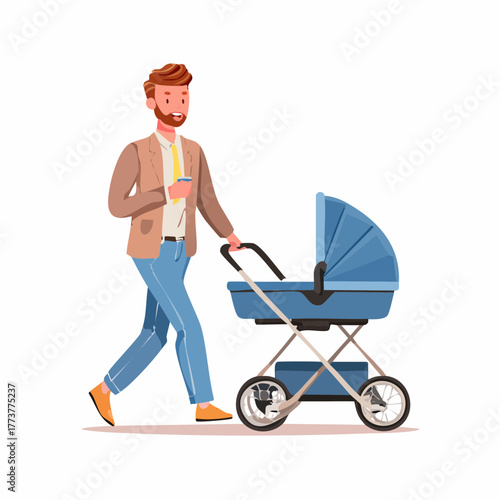 Illustration of a person taking a walk with a baby stroller, symbolizing parenthood, care, and family life.