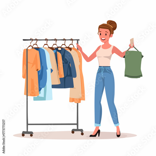 Person trying on new clothes in front of a mirror, representing fashion, self-expression, and shopping culture.