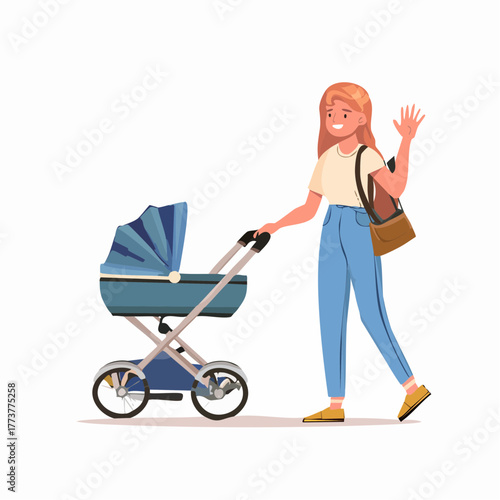 Illustration of a person taking a walk with a baby stroller, symbolizing parenthood, care, and family life.