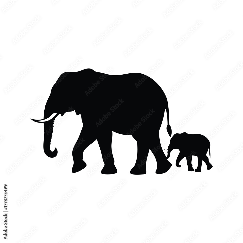 Fototapeta premium Silhouette of an elephant mother walking with her baby elephant calf, elephant mother and baby walking silhouette vector illustration