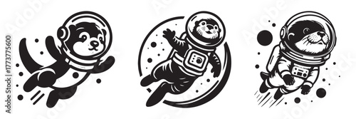 Otter Astronauts in Space: A Whimsical Black and White Illustration.