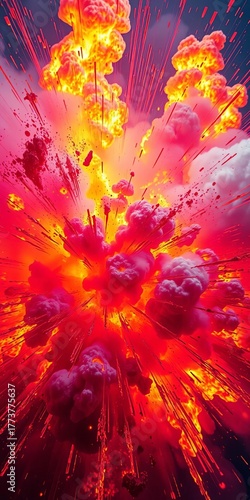Wallpaper Mural Fiery explosion details, vibrant colors, intense energy and chaos,  destruction,  blast Torontodigital.ca