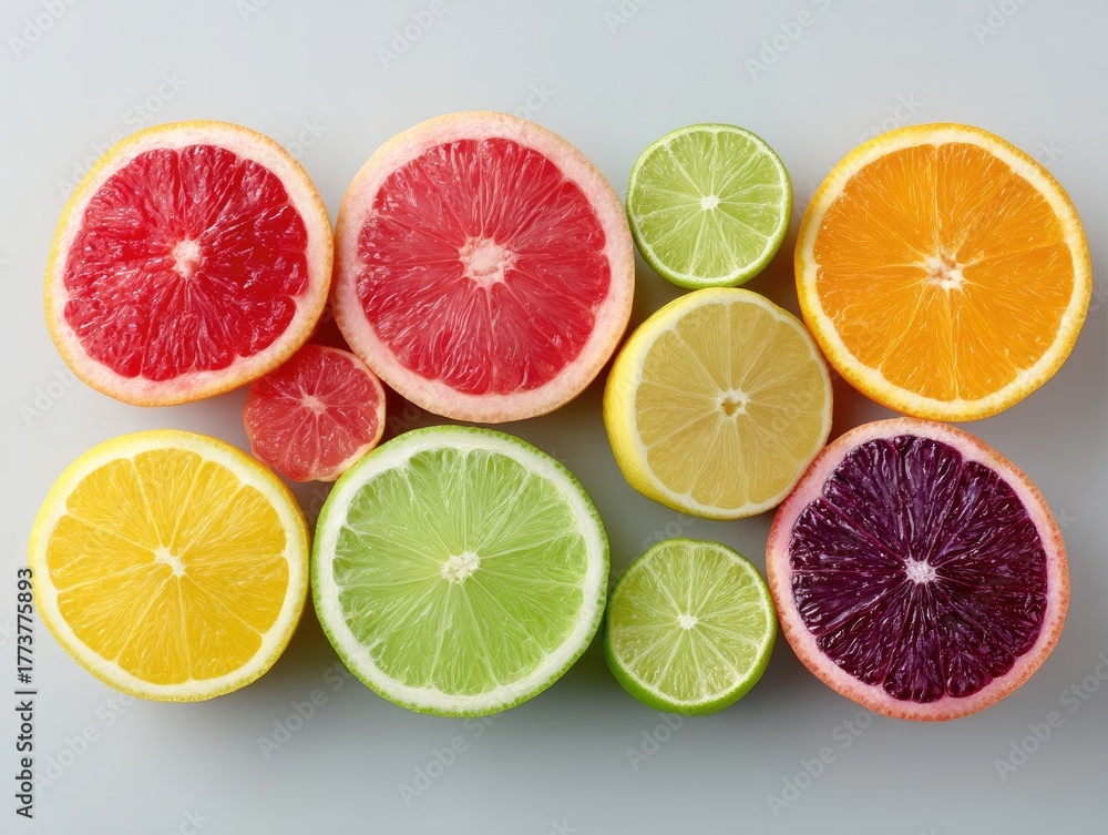 Fototapeta premium Assortment of Vibrant Sliced Citrus Fruits Including Grapefruit Oranges Lemons and Limes Artfully Arranged on a Light Blue Surface with a Top Down View
