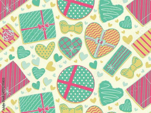 Seamless pattern different New Year, birthday gifts. Stars, dots. Wrapping paper pattern, bows and ribbons. Hand drawn Doodle New Year or Birthday gift boxes. Vector illustration. 