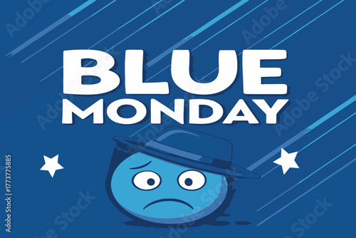 A bold and impactful declaration of "Blue Monday," featuring prominent, chunky white typography that anchors the scene. Below, a visibly distressed, fedora-wearing emoji gazesobe Illustrator Artwork