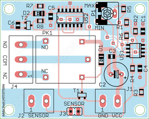 Vector printed circuit board of electronic 
device with components of radio elements, 
conductors and contact pads placed on pcb. 
Engineering computer technical drawing with
chip, resistor, capacitor