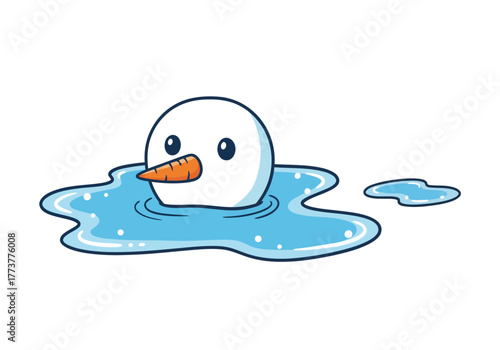 A cute cartoon snowman head with a carrot nose melting in a puddle of water on a white background.