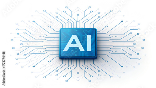 AIsolated abstract digital AI chip or semiconductor with circuit board wires and electronics components. Tech microchip or processor. Artificial Intelligence core. 