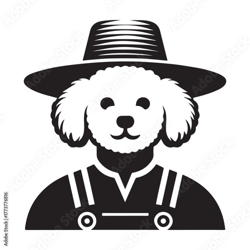 Dog farmer wearing hat and overalls portrait illustration.