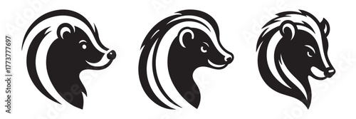 Skunk Head Silhouette Set: Black and White Vector Illustrations.