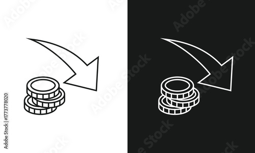Financial Loss Line Art Icon, Minimalist Symbol of a Down Arrow Pointing to a Stack of Coins, Modern Vector Graphic for Economic Recession, Cost Reduction, and Price Drop, Black and White Versions.