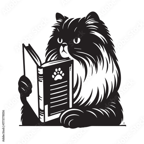 Intelligent Feline Reading Book with Paw Print Design.