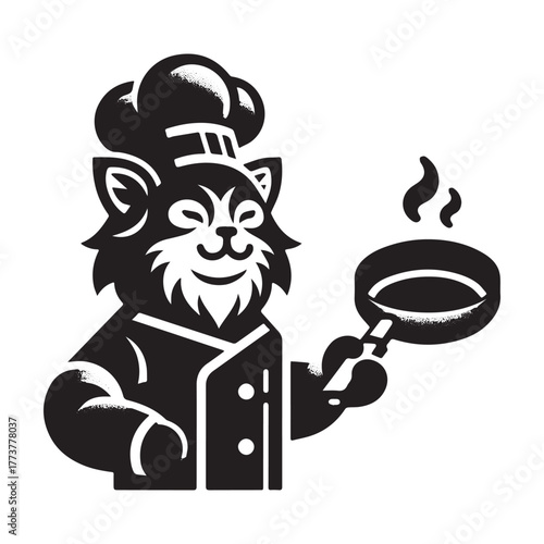 Chef Cat Cooking with Pan in Kitchen.